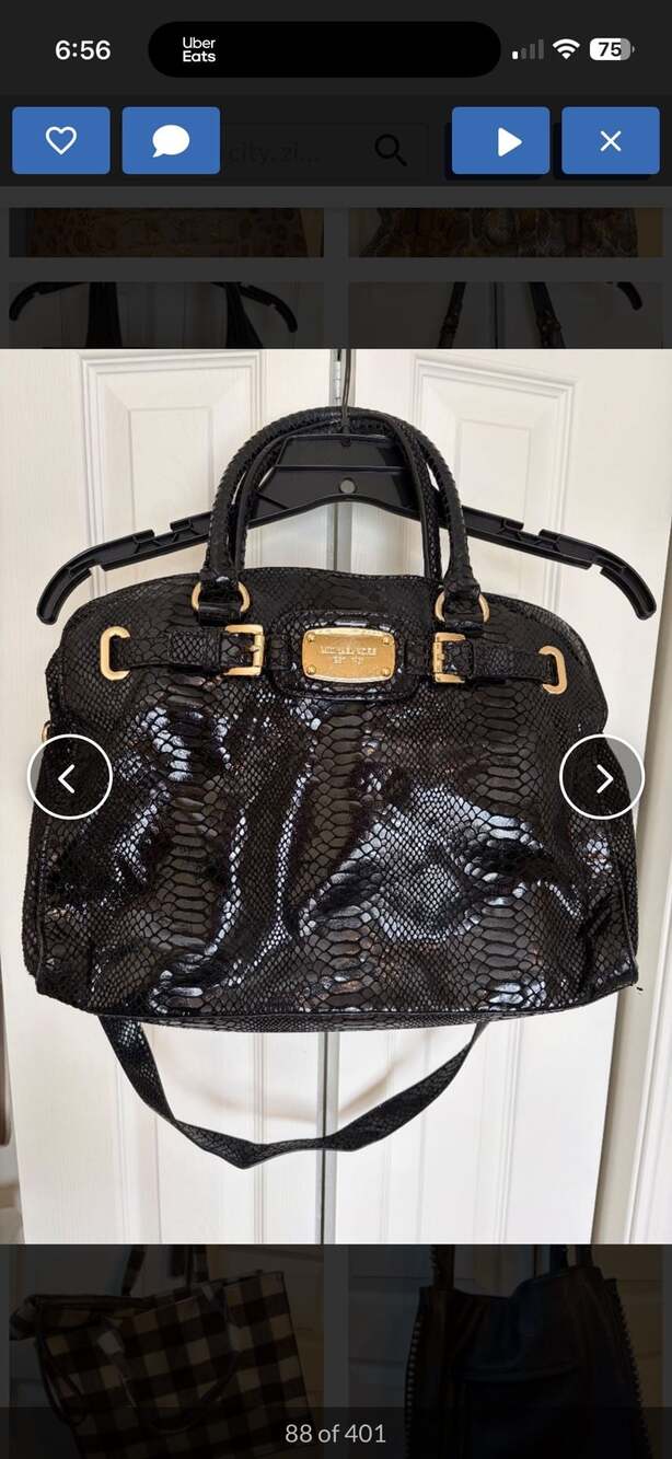 Michael Kors Hamilton Satchel Black Mock Snakeskin Embossed Patent Leather Bag